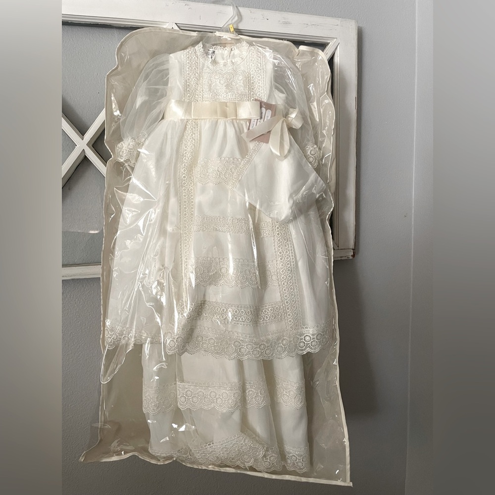 Christening Gown With Antique Lace and Bonnet nwt